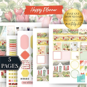 May include: A digital download Happy Planner monthly kit with a strawberry and floral theme. The kit includes 5 pages of printable planner stickers, with the text "Happy Planner", "Instant Download", and "May". The pages feature illustrations of strawberries, houses, and tulips.