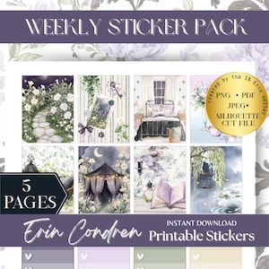 Op de afbeelding: Een wekelijkse stickerverpakking met aquarel illustraties. Het ontwerp bevat afbeeldingen van een tuinpad, een slaapkamer, een sleutel, een tent, een boek en een vogelkooi. De tekst bevat "Weekly Sticker Pack", "5 Pages", "Erin Condren" en "Printable Stickers".