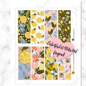 Puede incluir: Una hoja imprimible de 8 pegatinas de planificador tem&aacute;ticas de lim&oacute;n y flores coloridas. Las pegatinas est&aacute;n dispuestas en una cuadr&iacute;cula con un coraz&oacute;n rosa y el texto "Colorful & Natural Layout".