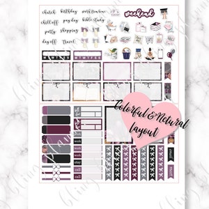 May include: A printable planner sticker sheet with a floral design. The sheet includes stickers with text such as "church", "birthday", "work from home", "chill off", "payday", "bible study", "party", "shopping", "day off", "travel", "me time", "weekend", "bill due", "work", "etsy", "call", "email", "meet", and "colorful & natural layout".