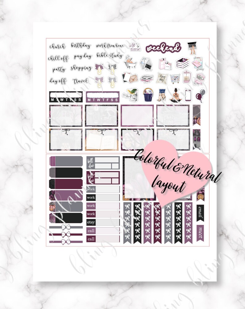 May include: A printable planner sticker sheet with a floral design. The sheet includes stickers with text such as "church", "birthday", "work from home", "chill off", "payday", "bible study", "party", "shopping", "day off", "travel", "me time", "weekend", "bill due", "work", "etsy", "call", "email", "meet", and "colorful & natural layout".