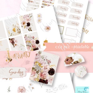 GOLDEN FLORAL PRINTABLE stickers, printable months, quarter box stickers, printable floral stickers, Date printable sticker, printable washi