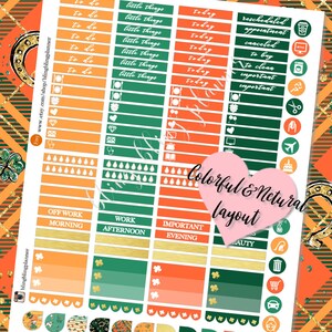 May include: A set of colorful planner stickers with a green, orange, and gold color scheme. The stickers feature various designs, including shamrocks, raindrops, and text that says "to do", "little things", "today", "rescheduled appointment", "canceled", "to buy", "to clean", "important", "off work morning", "work afternoon", "important evening", and "beauty".