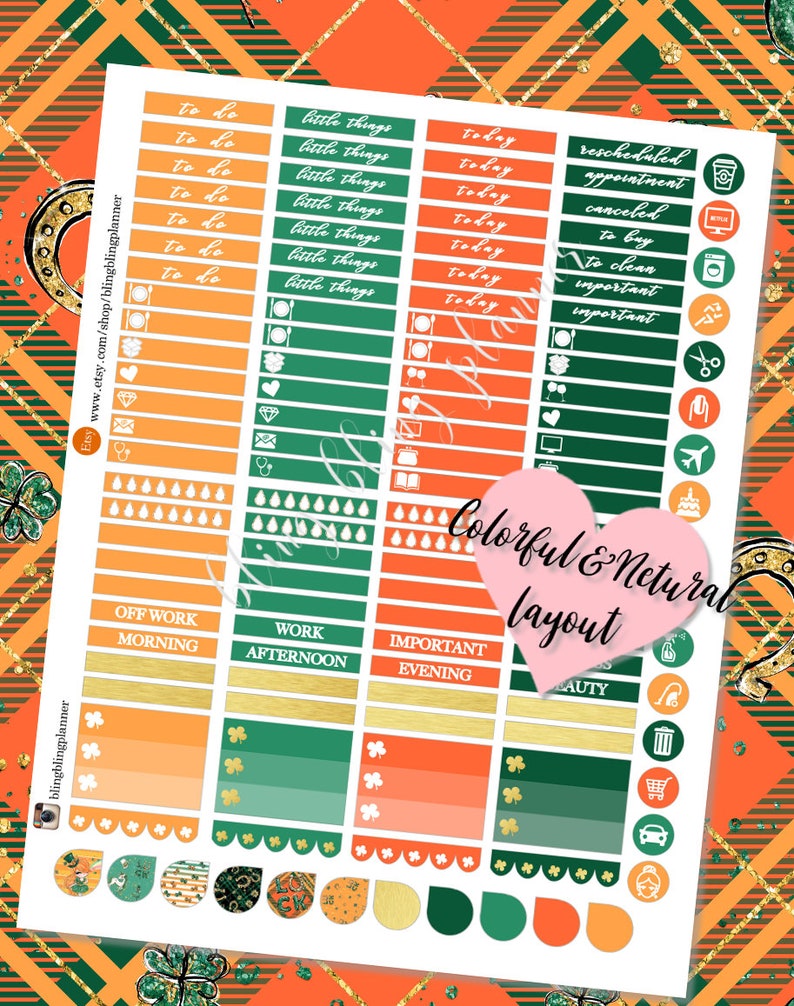 May include: A set of colorful planner stickers with a green, orange, and gold color scheme. The stickers feature various designs, including shamrocks, raindrops, and text that says "to do", "little things", "today", "rescheduled appointment", "canceled", "to buy", "to clean", "important", "off work morning", "work afternoon", "important evening", and "beauty".