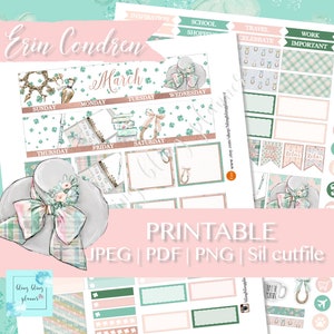 May include: Printable planner stickers featuring a green, white and pink colour scheme with a floral design. The stickers include a calendar, a hat, a horseshoe and a variety of other designs. The text "March" and "Erin Condren" are visible on the stickers.