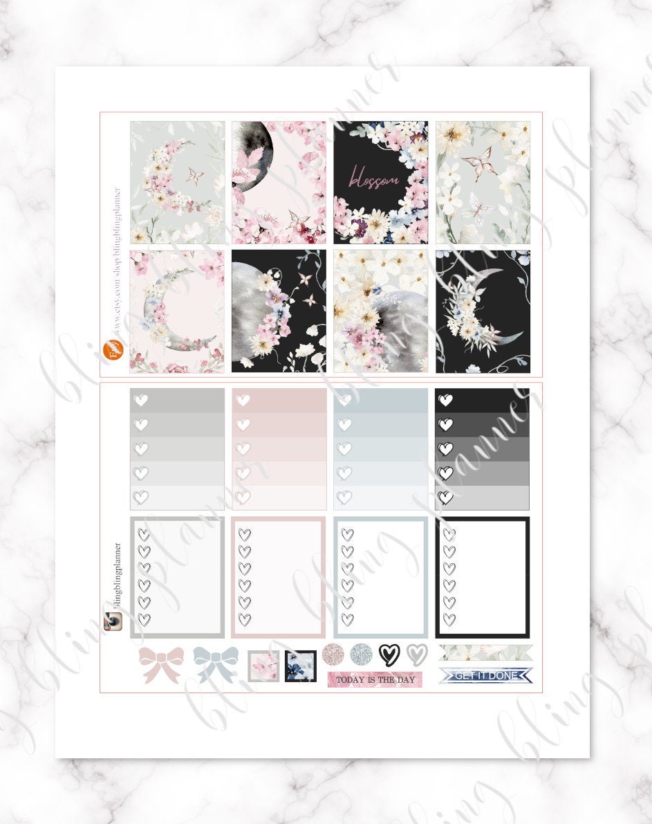 MOON Phase PLANNER STICKER, Printable Floral Planner Stickers ...