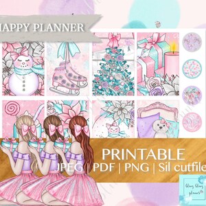 May include: Printable planner stickers featuring a winter theme with illustrations of a snowman, ice skates, a Christmas tree, a gift, a dog, and three girls holding gifts. The text "HAPPY PLANNER" and "PRINTABLE JPEG | PDF | PNG | Sil cutfile" is included in the image.