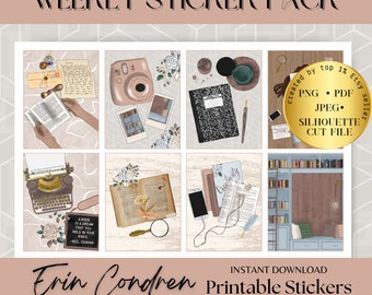 Bookish STICKERS Printable, Erin Condren Weekly stickers, book lover stickers, book wormsticker kit, Circut Silhouette cutfiles, printable