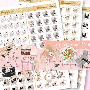 Peut inclure: Un ensemble d'autocollants de planificateur imprimables avec des illustrations de mains tenant divers objets, notamment une bouteille de champagne, un panier de linge, un colis, une assiette de nourriture et un flacon de vernis à ongles. Les autocollants comprennent également du texte tel que "Party", "Laundry", "Delivery", "Dinner plan", "Work", "Shopping", "Big day", et "Nails".