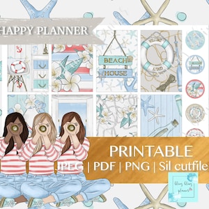 May include: Printable planner stickers featuring three women with binoculars, a beach house sign, a life preserver, and a nautical themed pattern. The text "HAPPY PLANNER" is at the top of the image. The text "PRINTABLE JPEG | PDF | PNG | Sil cutfile" is at the bottom of the image.