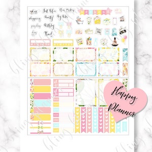 May include: A set of colourful planner stickers with floral and lemon designs. The stickers include phrases like "Just Relax", "Clean Makeup", "Weekend", "Me Time", "Work", "Lans Day", and "Happy Planner".