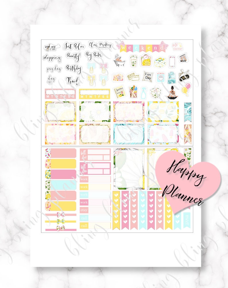 May include: A set of colourful planner stickers with floral and lemon designs. The stickers include phrases like "Just Relax", "Clean Makeup", "Weekend", "Me Time", "Work", "Lans Day", and "Happy Planner".