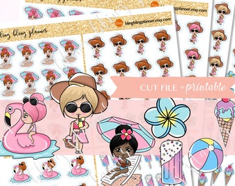 May include: A set of printable summer-themed stickers featuring various illustrations, including a girl in sunglasses, a flamingo float, an ice cream cone, a beach umbrella, and a popsicle. The text "CUT FILE + printable" is also included.