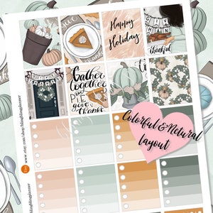 May include: A set of printable planner stickers with a Thanksgiving theme. The stickers feature illustrations of pumpkins, pie, and a door with a "Give Thanks" banner. The stickers are designed in a colorful and natural style.