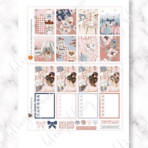 May include: A set of 12 planner stickers with a cosy autumn theme. The stickers feature illustrations of coffee cups, books, pumpkins, and a woman reading. The stickers are in shades of pink, blue, and brown.