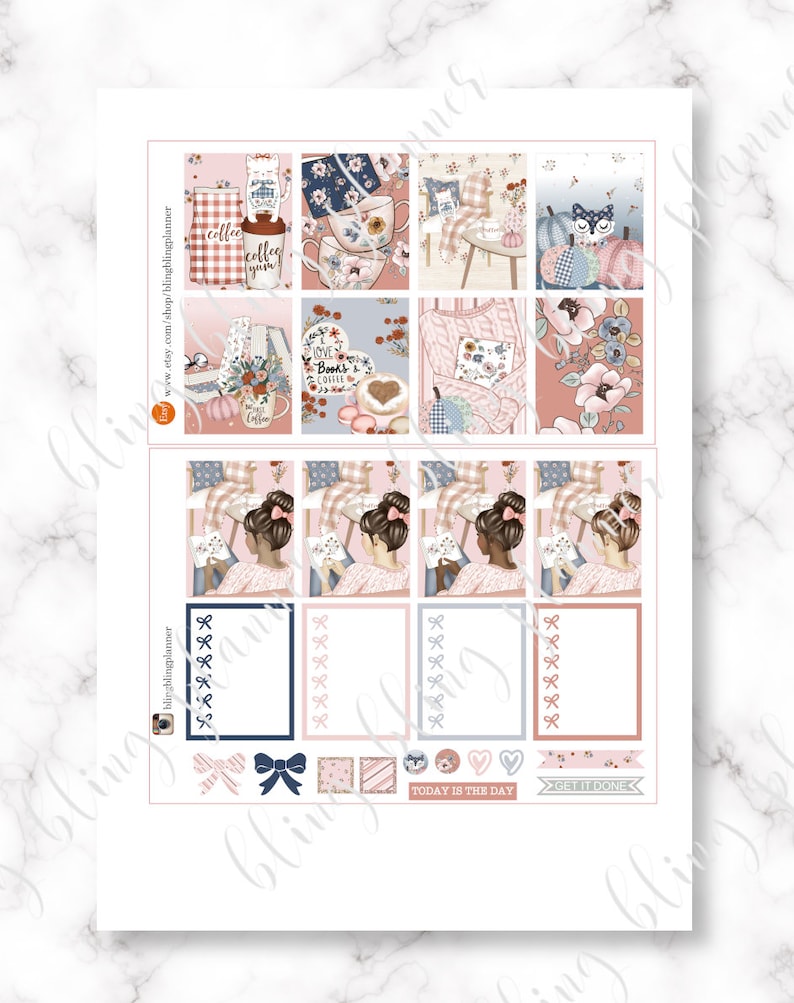 May include: A set of 12 planner stickers with a cosy autumn theme. The stickers feature illustrations of coffee cups, books, pumpkins, and a woman reading. The stickers are in shades of pink, blue, and brown.