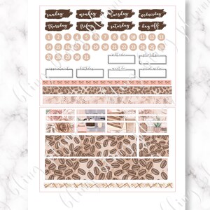 May include: A printable planner sticker sheet with a coffee theme. The sheet includes daily boxes, weekly boxes, and a variety of decorative elements, including coffee beans, flowers, and a coffee maker.