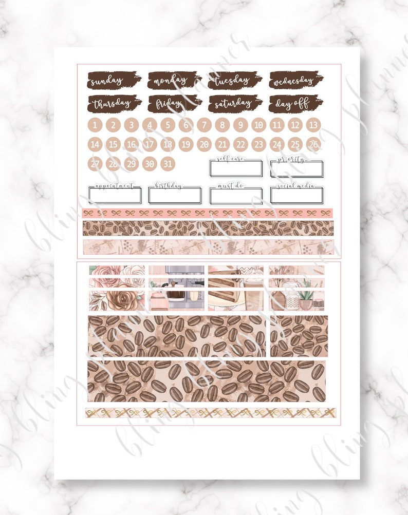 May include: A printable planner sticker sheet with a coffee theme. The sheet includes daily boxes, weekly boxes, and a variety of decorative elements, including coffee beans, flowers, and a coffee maker.