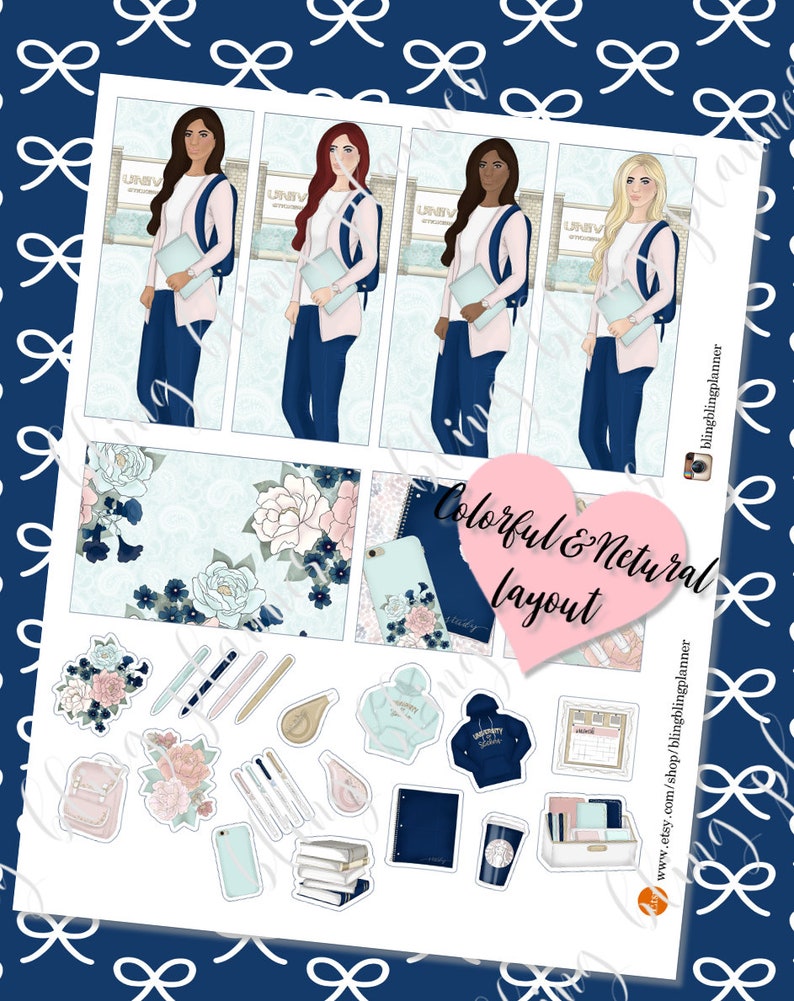 May include: A set of printable planner stickers featuring a colorful floral design, a blue and white floral pattern, and a variety of school-themed illustrations, including a backpack, books, pens, a coffee cup, and a calendar. The text "Colorful & Neutral Layout" is written in a pink heart shape.