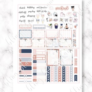 May include: A printable planner sticker sheet with a pink and blue colour scheme. The stickers feature various icons and text, including "church", "birthday", "work from home", "chill off", "pay day", "bible study", "party", "shopping", "day off", "travel", "me time", "weekend", "MTWTFSS", "bell be", "work", "etsy", "call", "email", "meet", and more.