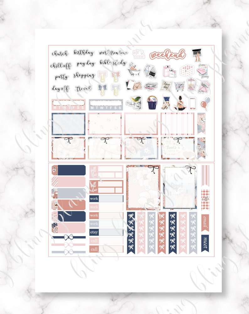 May include: A printable planner sticker sheet with a pink and blue colour scheme. The stickers feature various icons and text, including "church", "birthday", "work from home", "chill off", "pay day", "bible study", "party", "shopping", "day off", "travel", "me time", "weekend", "MTWTFSS", "bell be", "work", "etsy", "call", "email", "meet", and more.