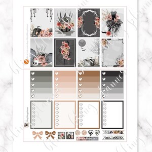 May include: A set of Halloween themed planner stickers with images of pumpkins, bats, crows, and a witch. The stickers are in shades of black, gray, white, and pink. The stickers include a variety of shapes and sizes, including hearts, bows, and frames. The stickers are perfect for adding a touch of Halloween fun to your planner.