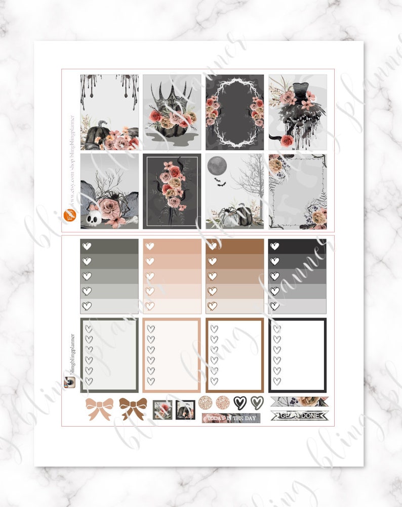 May include: A set of Halloween themed planner stickers with images of pumpkins, bats, crows, and a witch. The stickers are in shades of black, gray, white, and pink. The stickers include a variety of shapes and sizes, including hearts, bows, and frames. The stickers are perfect for adding a touch of Halloween fun to your planner.