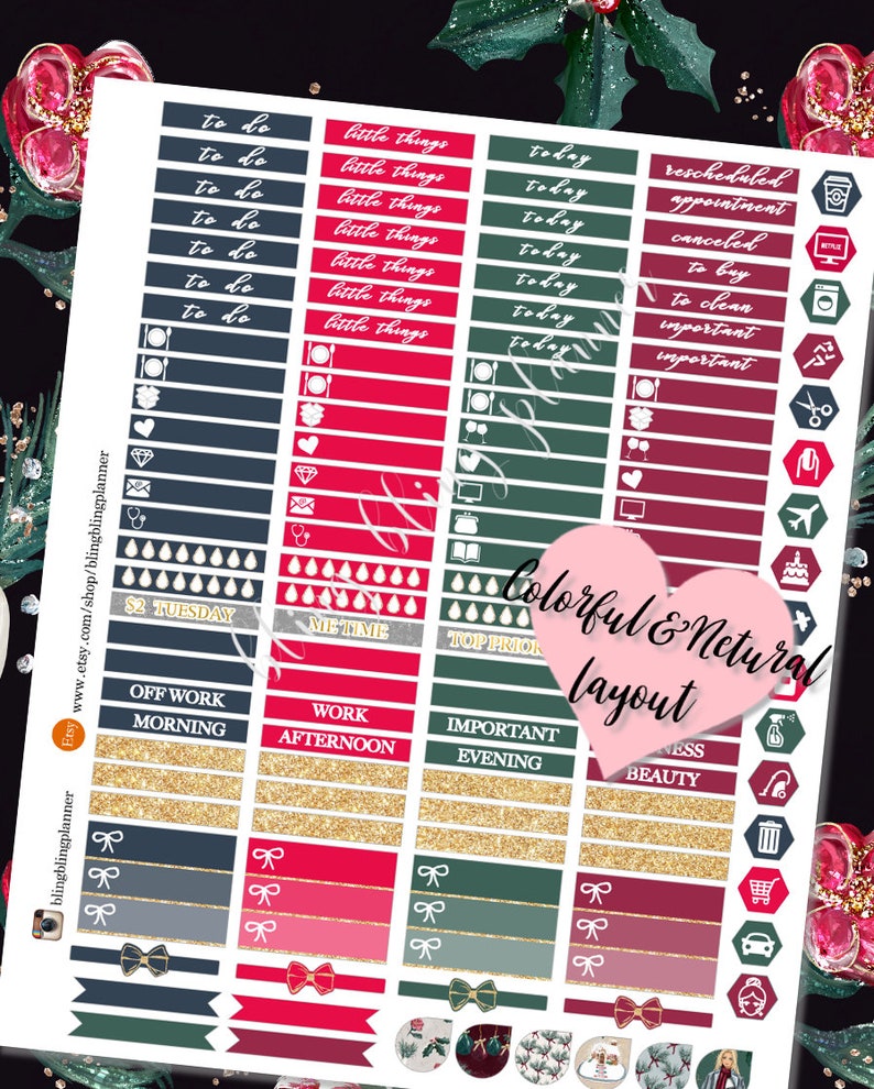 May include: A set of colorful planner stickers with a variety of designs, including bows, raindrops, and text. The stickers are arranged in rows and columns on a white background. The text on the stickers includes "to do", "little things", "today", "rescheduled", "appointment", "canceled", "to buy", "to clean", "important", "$2 Tuesday", "Me-Time", "Top Prior", "Off Work Morning", "Work Afternoon", "Important Evening", "Beauty", and "Colorful & Natural Layout".