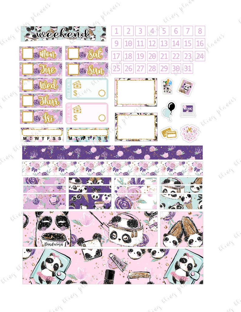 PANDA WEEKLY PLANNER kit, kawaii planner sticker kit, printable sticker kit, me time stickers, February planner set, panda planner stickers image 4