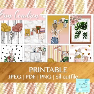 Op de afbeelding: Printbare digitale planner stickers met verschillende ontwerpen, waaronder een vrouw die een selfie maakt, een plant in een pot en een bureau met een computer. De stickers zijn in een lichtroze, gele en bruine kleurstelling. De tekst "Erin Condren" en "Printable" is zichtbaar in de afbeelding.