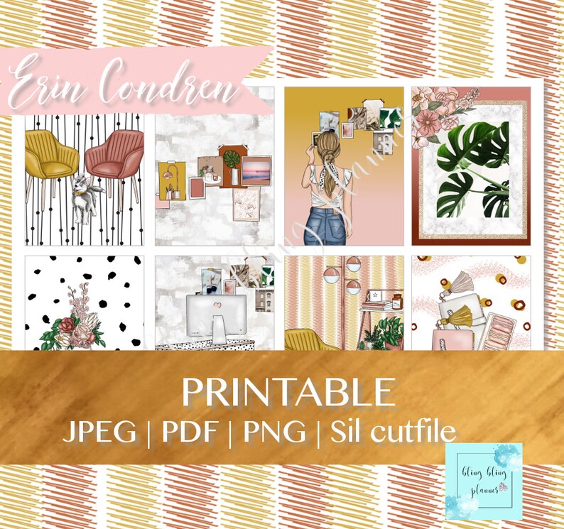 Op de afbeelding: Printbare digitale planner stickers met verschillende ontwerpen, waaronder een vrouw die een selfie maakt, een plant in een pot en een bureau met een computer. De stickers zijn in een lichtroze, gele en bruine kleurstelling. De tekst "Erin Condren" en "Printable" is zichtbaar in de afbeelding.