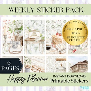 May include: A digital sticker pack with a vintage aesthetic. The design includes images of a camera, flowers, a toaster, pancakes, and a teapot. The text reads "WEEKLY STICKER PACK", "Happy Planner", and "Printable Stickers".