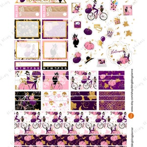 Peut inclure: Un ensemble d'autocollants de planificateur sur le th&egrave;me d'Halloween avec une sorci&egrave;re &agrave; v&eacute;lo avec des citrouilles, un chat noir et une vari&eacute;t&eacute; d'autres motifs d'Halloween. Les autocollants sont en rose, violet, or et noir.