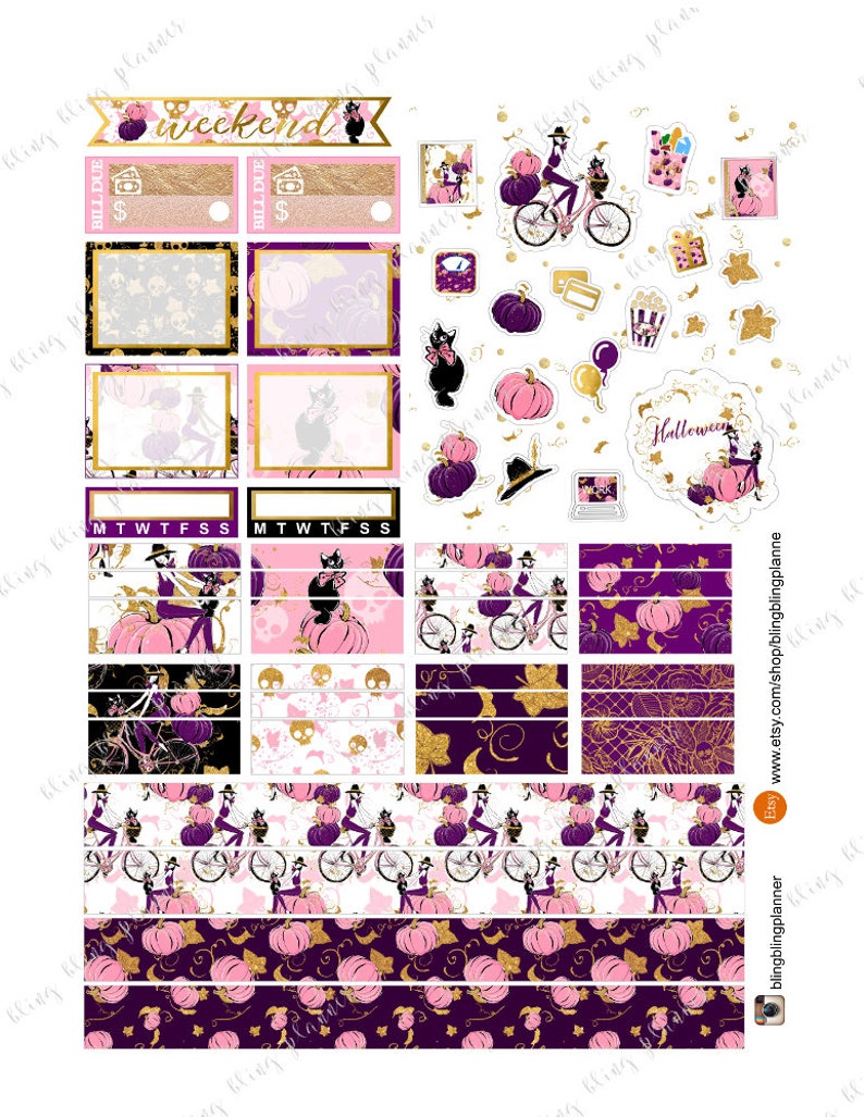 Peut inclure: Un ensemble d'autocollants de planificateur sur le th&egrave;me d'Halloween avec une sorci&egrave;re &agrave; v&eacute;lo avec des citrouilles, un chat noir et une vari&eacute;t&eacute; d'autres motifs d'Halloween. Les autocollants sont en rose, violet, or et noir.