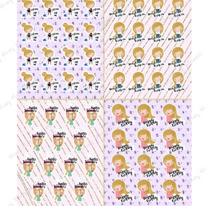 May include: Four digital planner pages with a purple background and gold glitter accents. Each page features a different pattern with a cartoon girl and text. The patterns include "clean up", "hello summer", "heart broken", and "happy friday".
