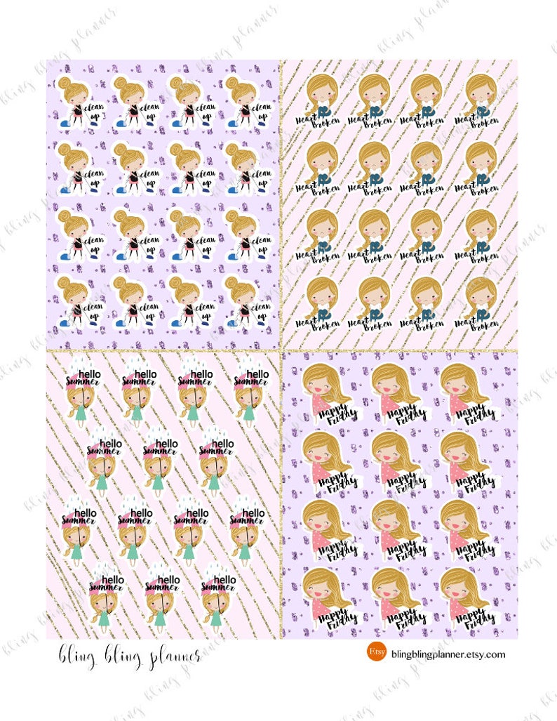 May include: Four digital planner pages with a purple background and gold glitter accents. Each page features a different pattern with a cartoon girl and text. The patterns include "clean up", "hello summer", "heart broken", and "happy friday".