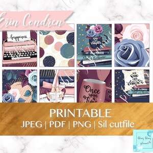 May include: Printable planner stickers with a pink, blue, and gold color scheme. The stickers feature images of a typewriter, books, a coffee mug, and flowers. The text on the stickers includes "happiness", "Just one more chapter", "Once upon a time", and "Princess".
