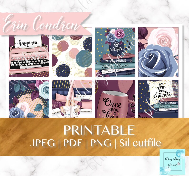 May include: Printable planner stickers with a pink, blue, and gold color scheme. The stickers feature images of a typewriter, books, a coffee mug, and flowers. The text on the stickers includes "happiness", "Just one more chapter", "Once upon a time", and "Princess".