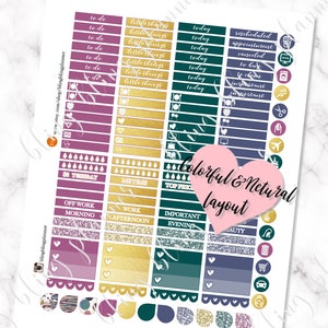 May include: A set of colorful planner stickers with a variety of designs, including hearts, raindrops, and text. The stickers are arranged in four columns, each with a different color scheme: pink, gold, green, and blue. The text on the stickers includes "to do", "little things", "today", "rescheduled", "appointment", "canceled", "to buy", "to clean", "important", "Tuesday", "Me-Time", "Top Priority", "Off Work", "Morning", "Work", "Afternoon", "Important", "Evening", "Beauty".