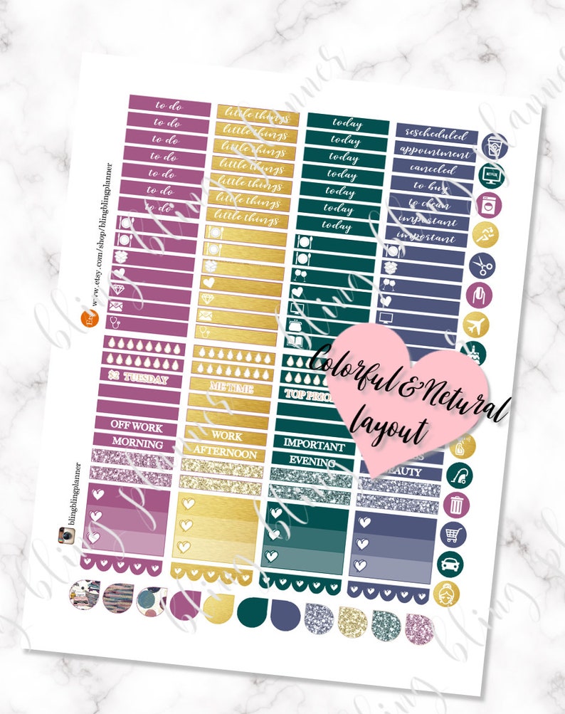 May include: A set of colorful planner stickers with a variety of designs, including hearts, raindrops, and text. The stickers are arranged in four columns, each with a different color scheme: pink, gold, green, and blue. The text on the stickers includes "to do", "little things", "today", "rescheduled", "appointment", "canceled", "to buy", "to clean", "important", "Tuesday", "Me-Time", "Top Priority", "Off Work", "Morning", "Work", "Afternoon", "Important", "Evening", "Beauty".