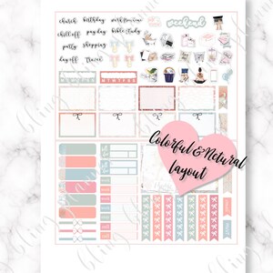 May include: A printable planner sticker sheet with a pink, blue, and green color scheme. The stickers feature various phrases and illustrations, including "church", "birthday", "work from home", "weekend", "chill off", "pay day", "bible study", "party", "shopping", "day off", "travel", "me time", and more. The sheet also includes a calendar grid, boxes for notes, and a variety of decorative elements.