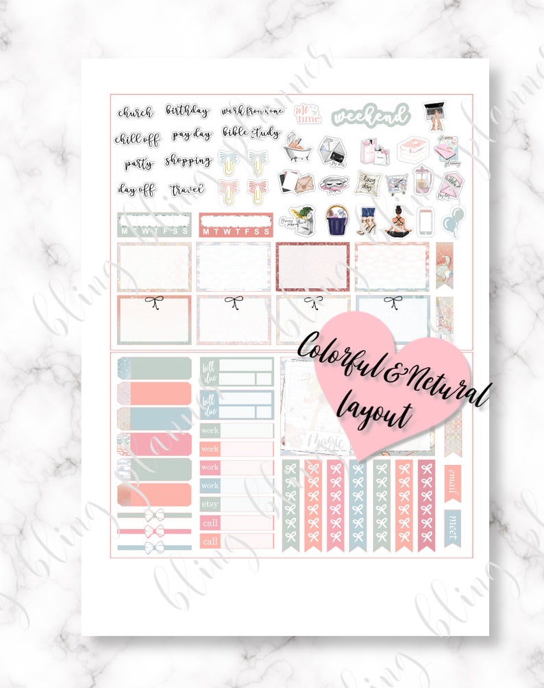 May include: A printable planner sticker sheet with a pink, blue, and green color scheme. The stickers feature various phrases and illustrations, including "church", "birthday", "work from home", "weekend", "chill off", "pay day", "bible study", "party", "shopping", "day off", "travel", "me time", and more. The sheet also includes a calendar grid, boxes for notes, and a variety of decorative elements.