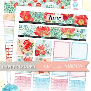 May include: A printable planner sticker sheet with a floral design featuring red flowers, green succulents, and gold glitter. The sheet includes a title bar that says "June" and daily boxes for each day of the week. The sheet is designed for use with Happy Planners.