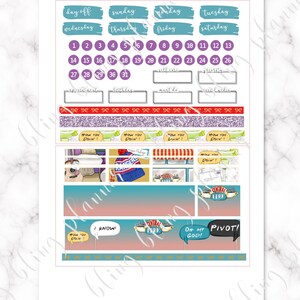 May include: A set of printable planner stickers featuring characters and quotes from the popular TV show "Friends". The stickers include a calendar grid, a "How You Doin'" speech bubble, and a "Central Perk" logo.