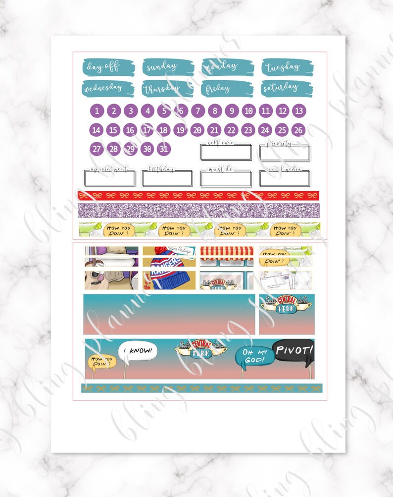 May include: A set of printable planner stickers featuring characters and quotes from the popular TV show "Friends". The stickers include a calendar grid, a "How You Doin'" speech bubble, and a "Central Perk" logo.
