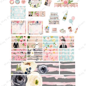 May include: A set of printable planner stickers with a floral theme. The stickers include a variety of designs, such as flowers, hearts, and bunnies. There are also some text-based stickers, such as "Goal", "Quote", and "Weekend".