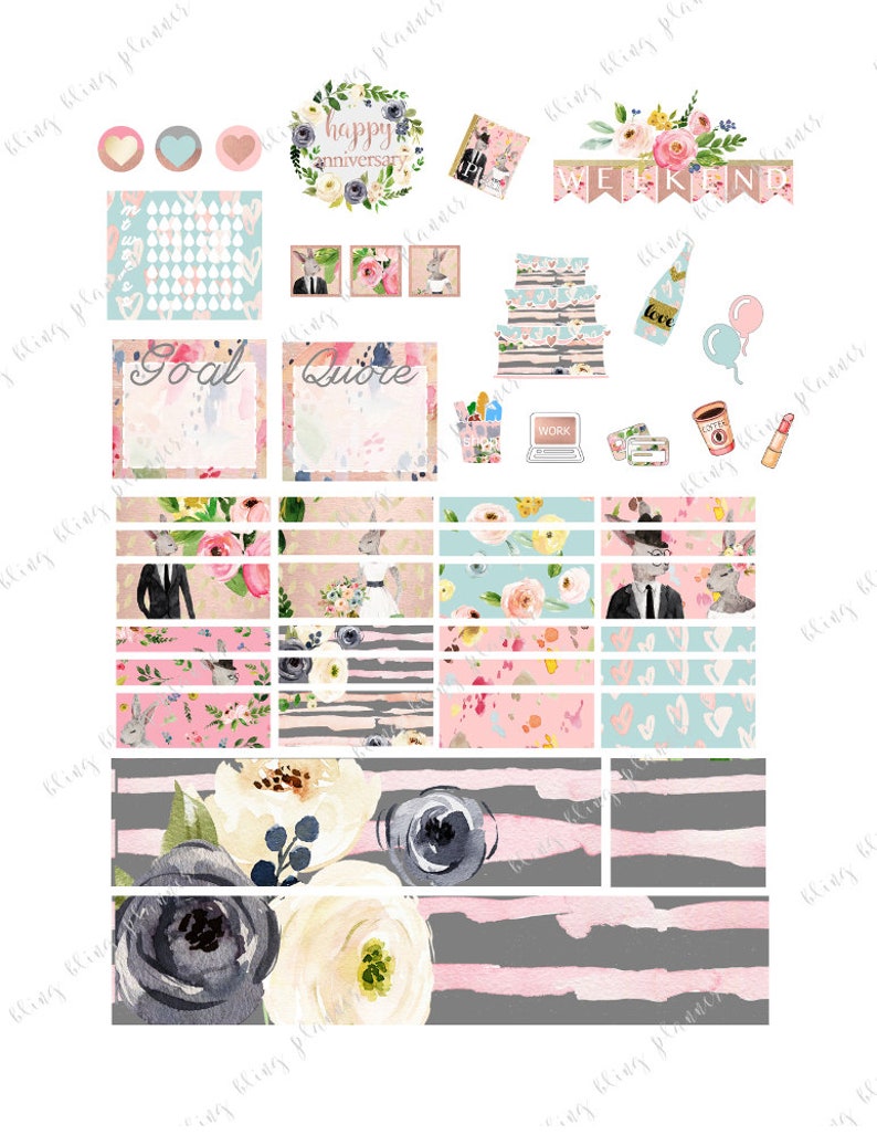 May include: A set of printable planner stickers with a floral theme. The stickers include a variety of designs, such as flowers, hearts, and bunnies. There are also some text-based stickers, such as "Goal", "Quote", and "Weekend".