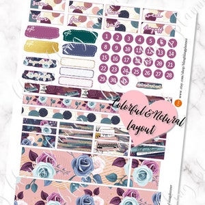 May include: A set of printable planner stickers featuring a floral design with blue and pink roses, a typewriter, and books. The stickers also include a calendar, days of the week, and blank boxes for writing.