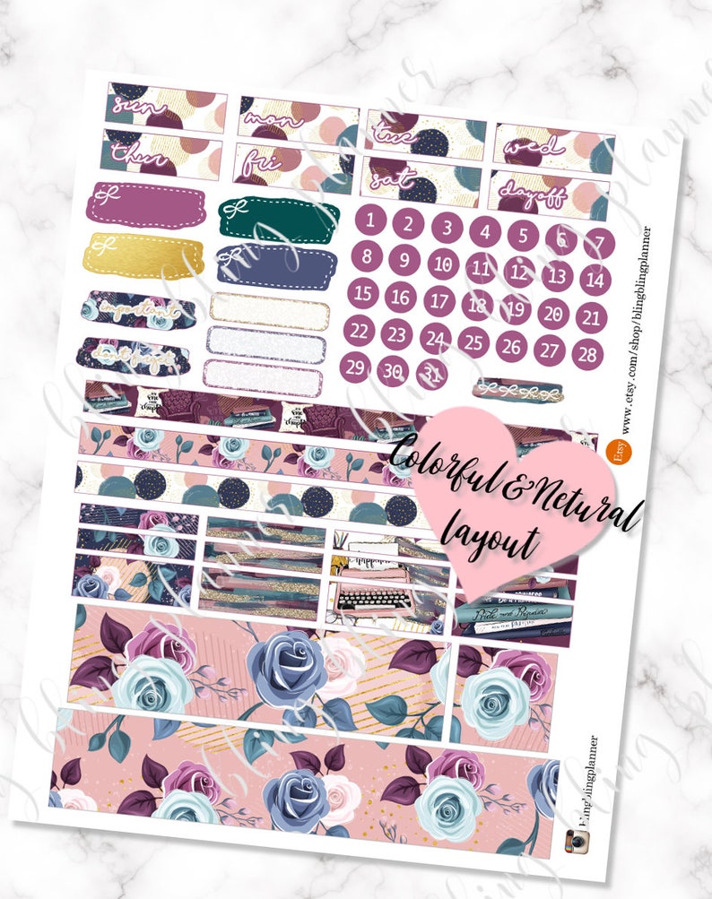 May include: A set of printable planner stickers featuring a floral design with blue and pink roses, a typewriter, and books. The stickers also include a calendar, days of the week, and blank boxes for writing.