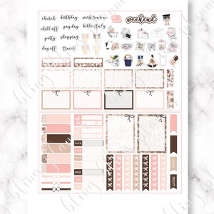 May include: A set of printable planner stickers with a pink and brown color scheme. The stickers feature various text labels, including "church", "birthday", "work from home", "chill off", "pay day", "bible study", "party", "shopping", "day off", "travel", "me time", "weekend", "bill", "work", "etsy", "call", "email", and "meet".